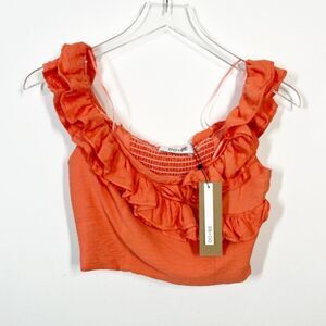 DO+BE NWT Women's Size Medium Orange Smocked Ruffle Cropped Off Shoulder Top